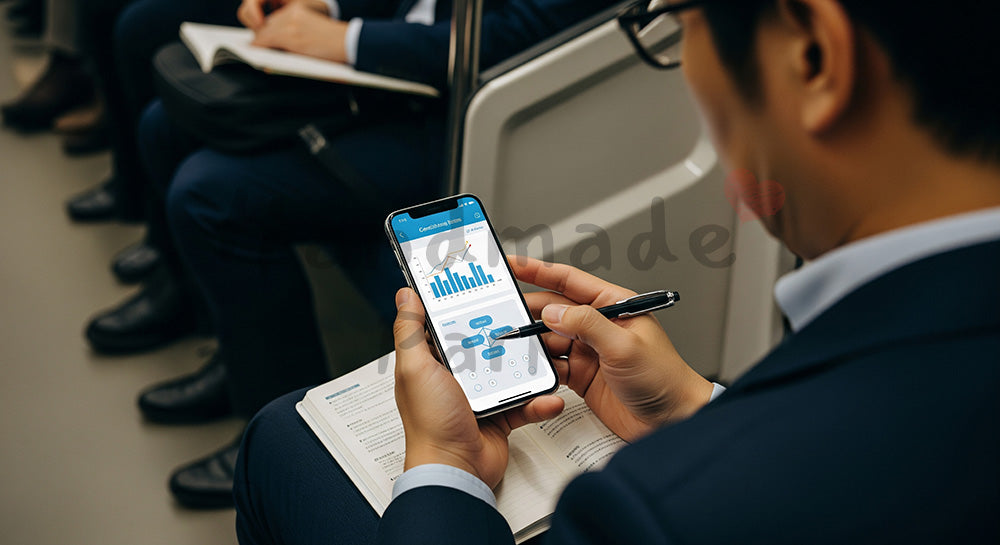 フリー素材 無料 写真｜通勤電車の中で学習アプリとテキストで資格勉強をする日本人社会人 コピースペースあり