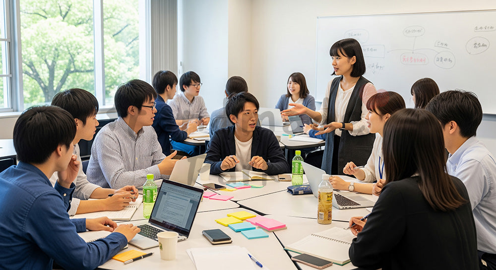 フリー素材 無料 写真｜円卓を囲んでグループディスカッションを行う日本人大学生のアクティブラーニング（表現3）