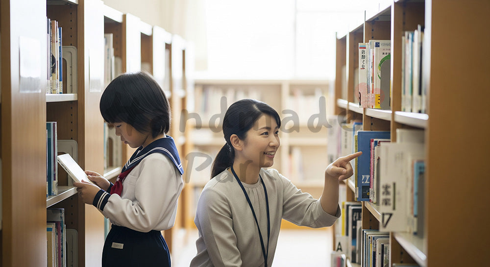 フリー素材 無料 写真｜学校図書館で司書から本の場所を教えてもらう日本人児童の読書学習シーン（表現2）