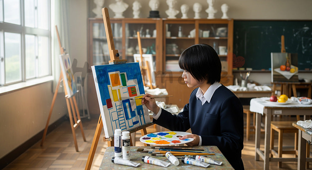 フリー素材 無料 写真｜美術室でキャンバスに向かって絵を描く日本人高校生のアート学習（表現2）