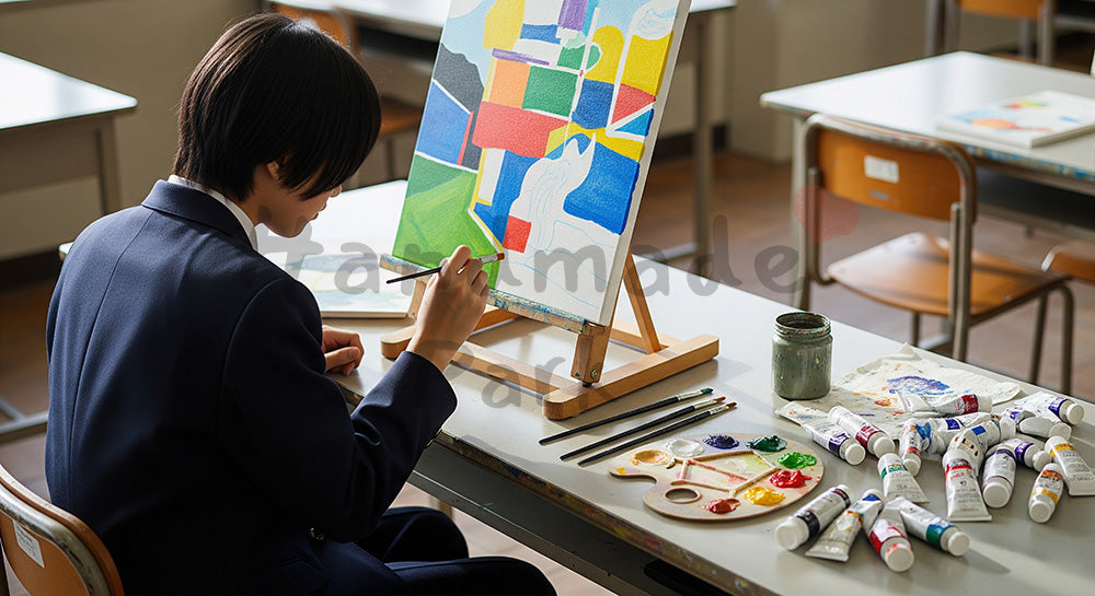 フリー素材 無料 写真｜美術室でキャンバスに向かって絵を描く日本人高校生のアート学習（表現1）