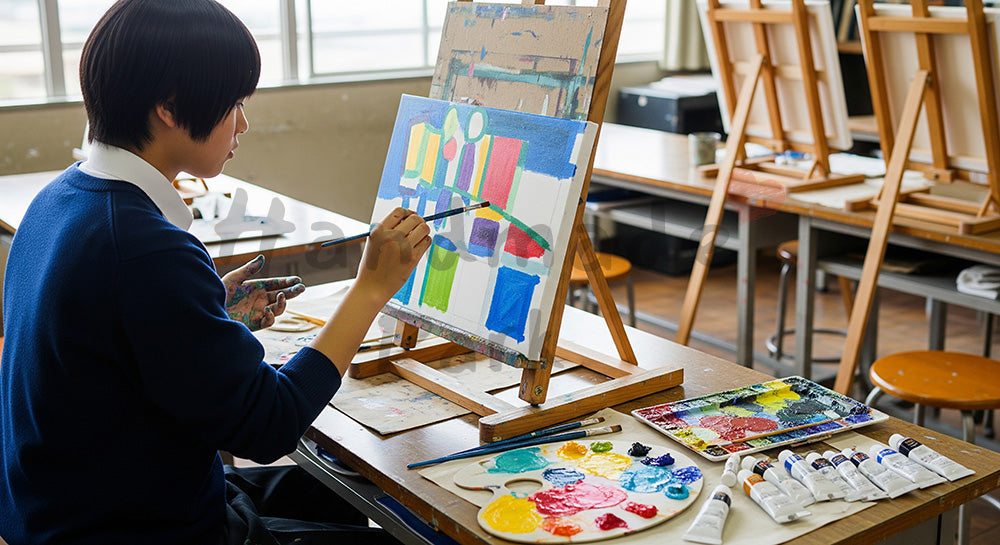 フリー素材 無料 写真｜美術室でキャンバスに向かって絵を描く日本人高校生のアート学習 コピースペースあり