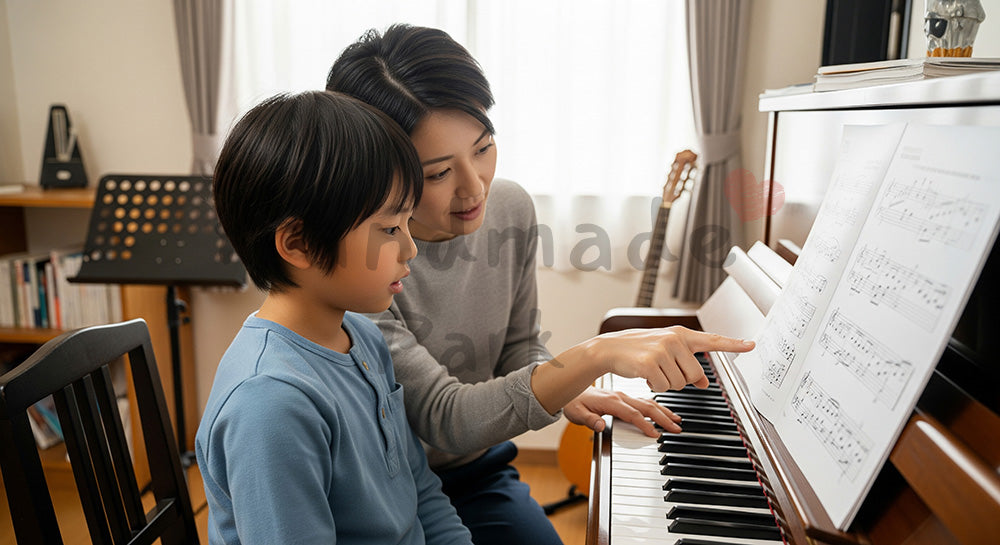 フリー素材 無料 写真｜アップライトピアノで講師とマンツーマンレッスンを受ける日本人の子ども（表現1）