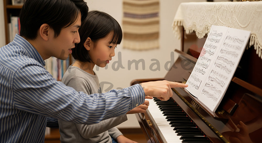 フリー素材 無料 写真｜アップライトピアノで講師とマンツーマンレッスンを受ける日本人の子ども コピースペースあり