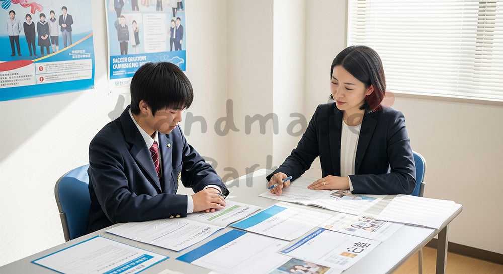 フリー素材 無料 写真｜進路相談室でカウンセラーと将来について話し合う日本人高校生（表現2）