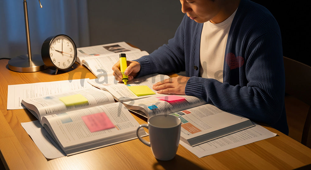 フリー素材 無料 写真｜資格試験テキストと問題集で夜に独学する日本人社会人の学習シーン（表現3）