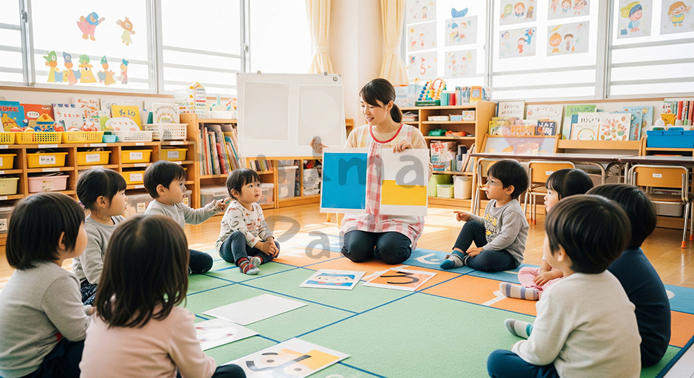 フリー素材 無料 写真｜ひらがなカードを使って言葉遊びをする日本人幼児と保育士の早期学習シーン（表現3）