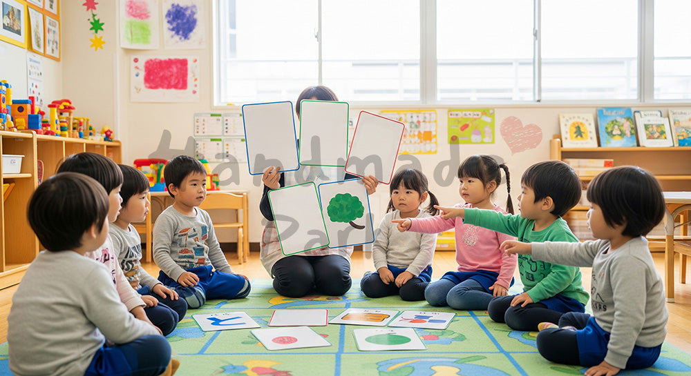 フリー素材 無料 写真｜ひらがなカードを使って言葉遊びをする日本人幼児と保育士の早期学習シーン（表現2）
