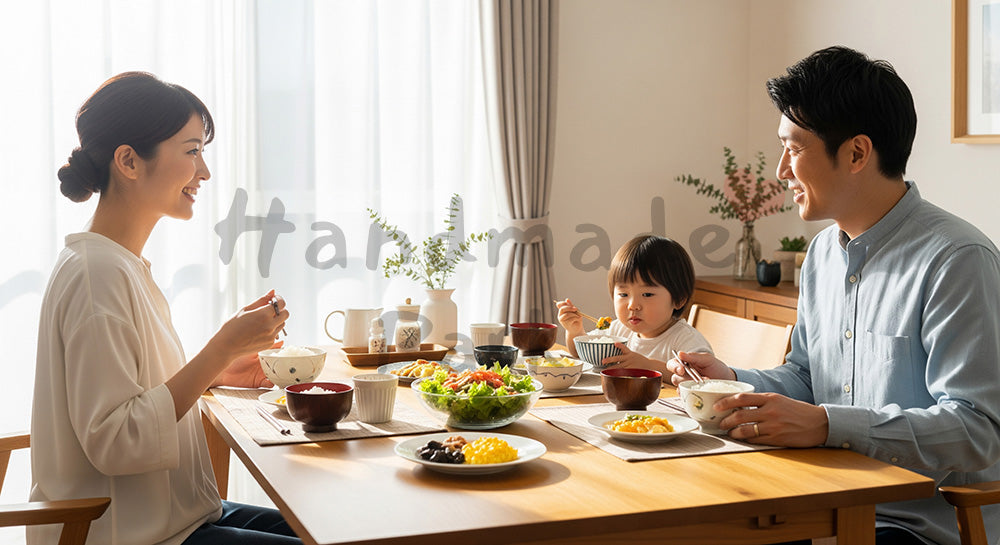 フリー素材 無料 写真｜朝食を囲んで会話を楽しむ日本人家族のダイニングシーン（表現3）