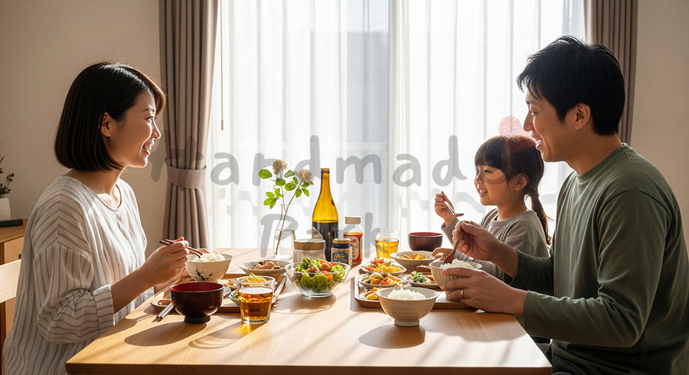フリー素材 無料 写真｜朝食を囲んで会話を楽しむ日本人家族のダイニングシーン コピースペースあり