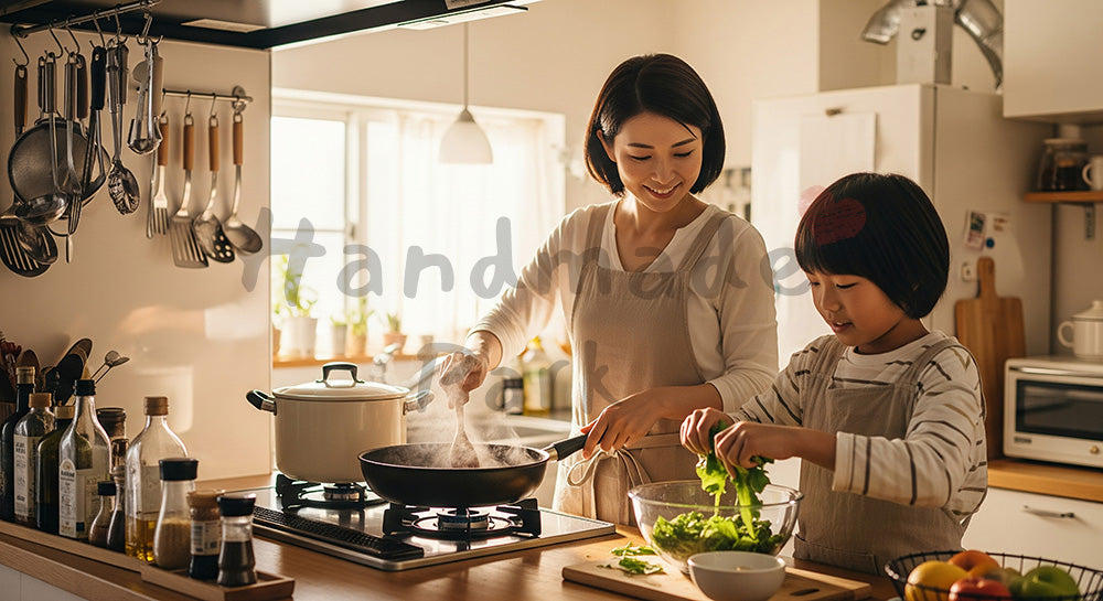 フリー素材 無料 写真｜キッチンで夕食づくりを一緒に楽しむ日本人母子のクッキングシーン（表現3）