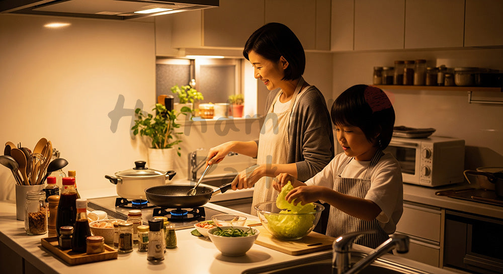 フリー素材 無料 写真｜キッチンで夕食づくりを一緒に楽しむ日本人母子のクッキングシーン（表現2）
