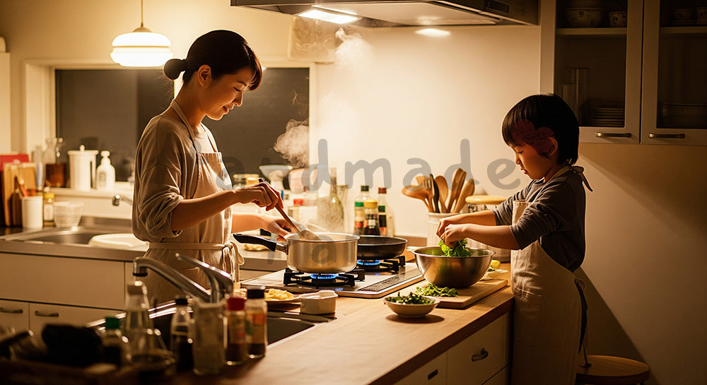 フリー素材 無料 写真｜キッチンで夕食づくりを一緒に楽しむ日本人母子のクッキングシーン（表現1）