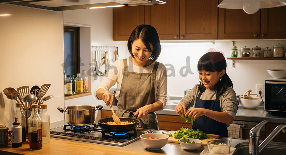 フリー素材 無料 写真｜キッチンで夕食づくりを一緒に楽しむ日本人母子のクッキングシーン コピースペースあり