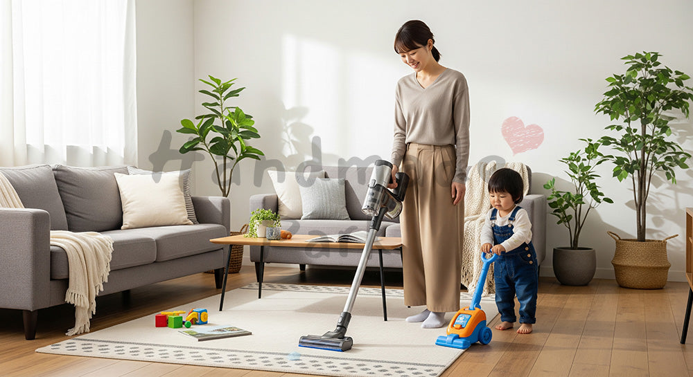フリー素材 無料 写真｜リビングで掃除機をかける日本人母親と真似をする幼児の家事シーン（表現3）