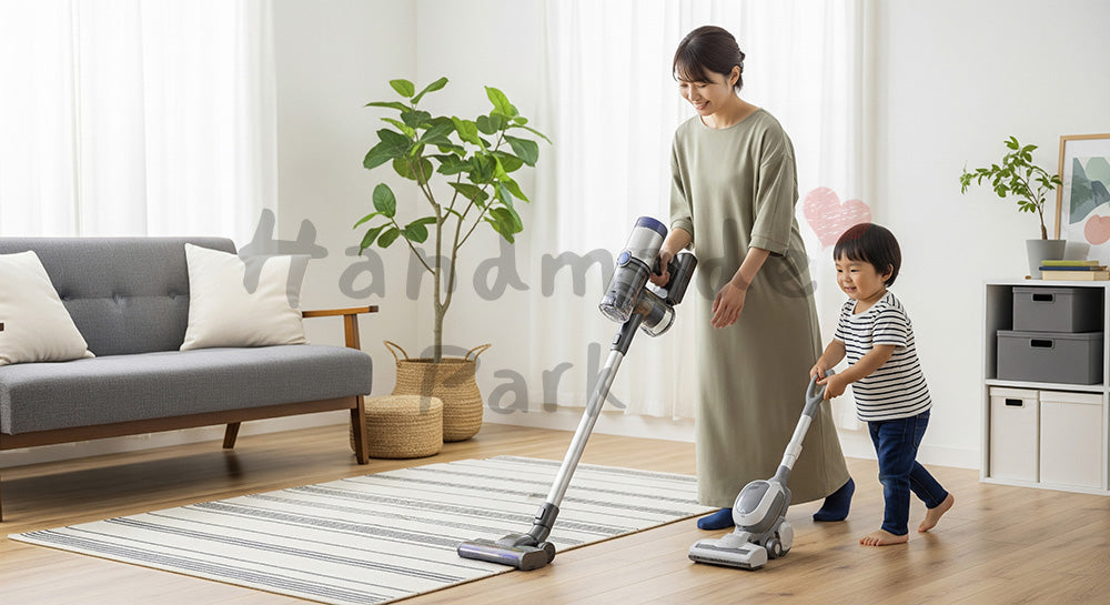 フリー素材 無料 写真｜リビングで掃除機をかける日本人母親と真似をする幼児の家事シーン（表現1）