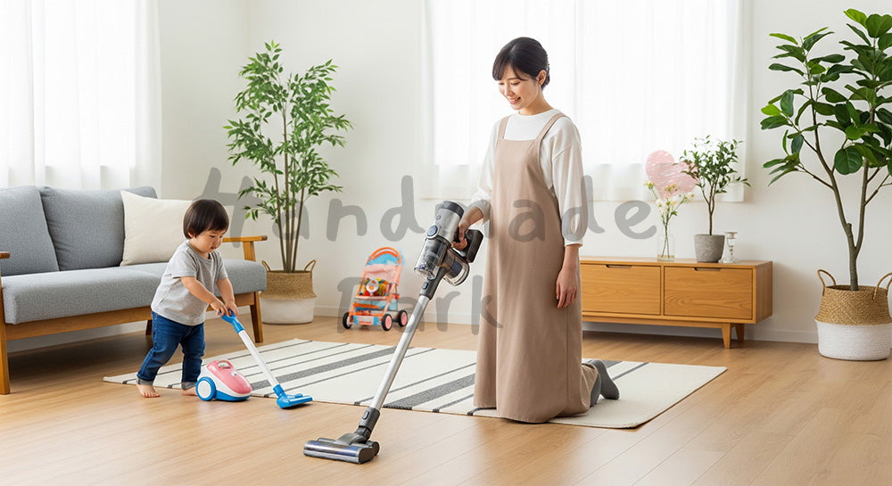フリー素材 無料 写真｜リビングで掃除機をかける日本人母親と真似をする幼児の家事シーン コピースペースあり