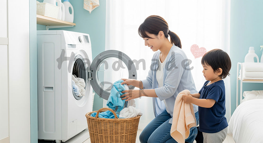 フリー素材 無料 写真｜洗面所で洗濯物を運ぶ日本人母子のランドリーシーン（表現3）