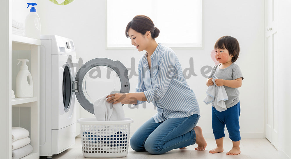 フリー素材 無料 写真｜洗面所で洗濯物を運ぶ日本人母子のランドリーシーン（表現2）