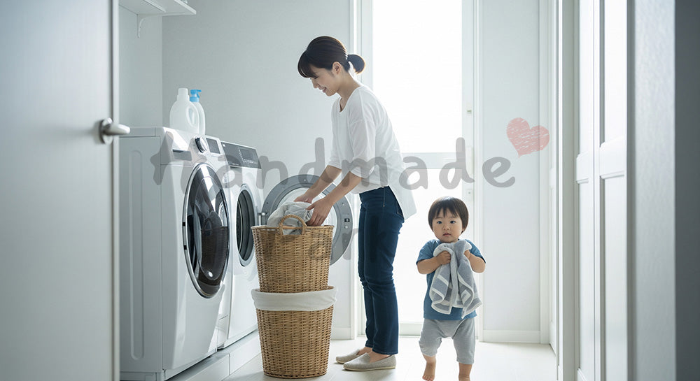 フリー素材 無料 写真｜洗面所で洗濯物を運ぶ日本人母子のランドリーシーン（表現1）