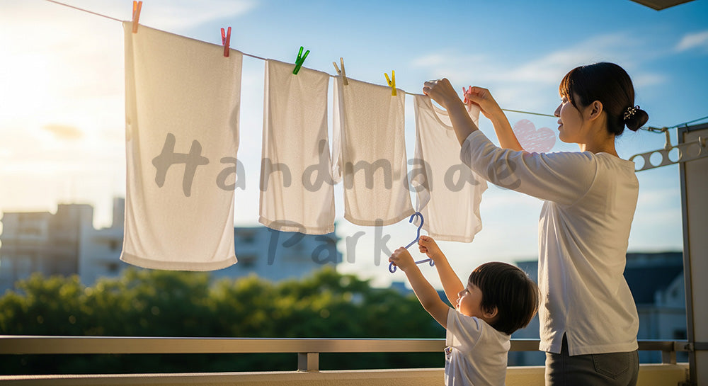 フリー素材 無料 写真｜ベランダで洗濯物を干す日本人母親とハンガーを渡す幼児の家事シーン（表現2）