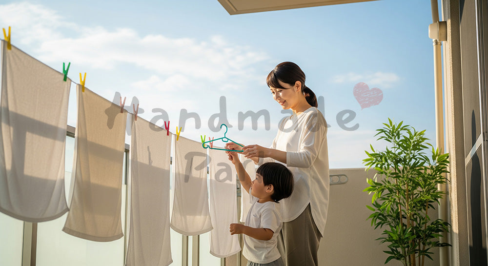 フリー素材 無料 写真｜ベランダで洗濯物を干す日本人母親とハンガーを渡す幼児の家事シーン コピースペースあり