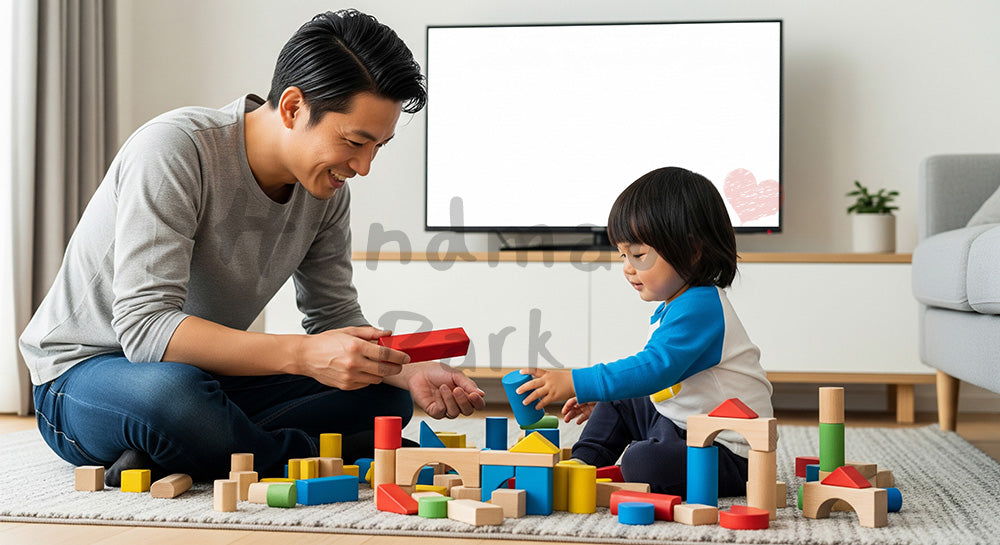 フリー素材 無料 写真｜リビングで積み木遊びを楽しむ日本人父親と幼児の子育てシーン（表現1）