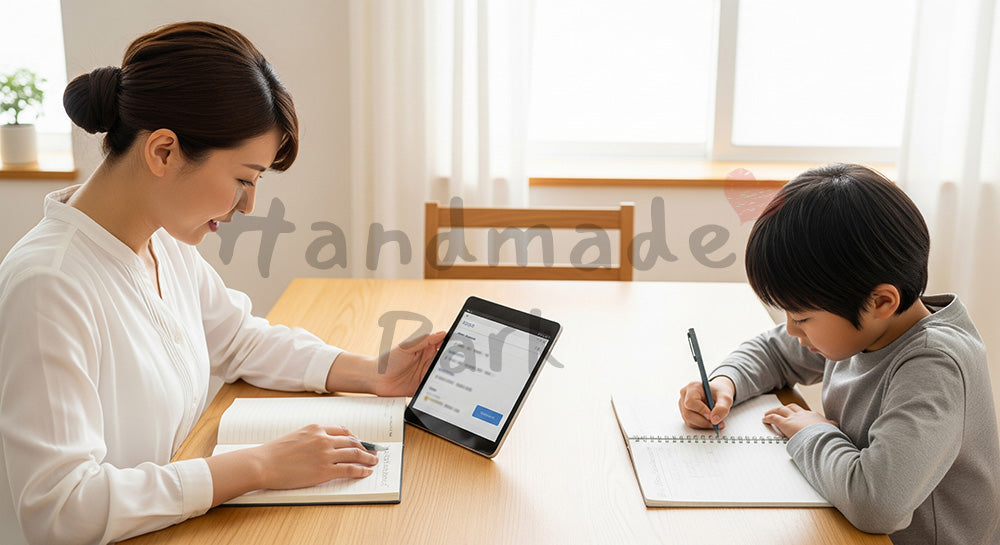 フリー素材 無料 写真｜ダイニングで家計簿とおこづかい帳をつける日本人母子のマネー学習（表現2）