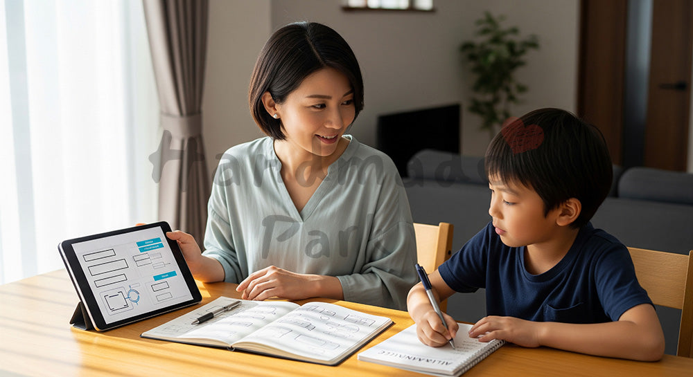 フリー素材 無料 写真｜ダイニングで家計簿とおこづかい帳をつける日本人母子のマネー学習（表現1）