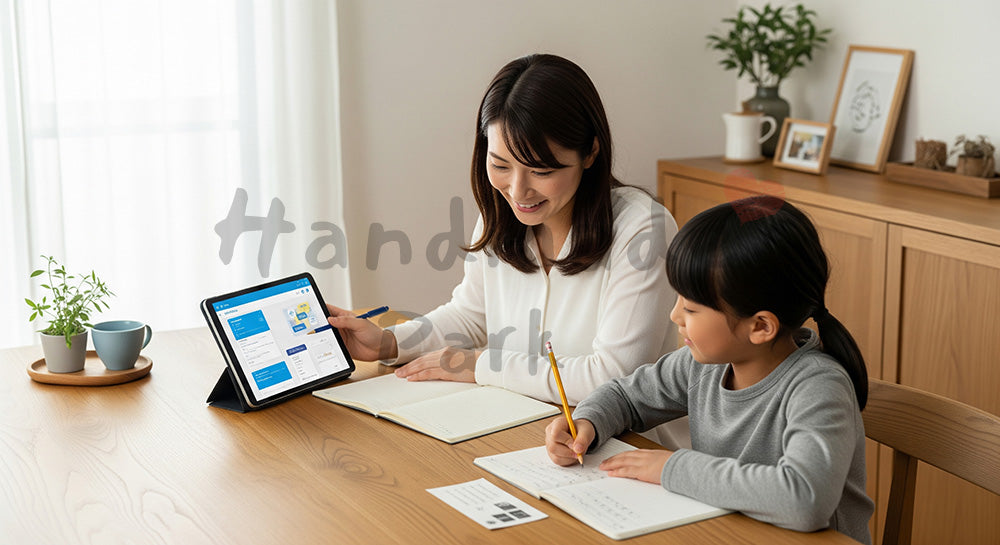 フリー素材 無料 写真｜ダイニングで家計簿とおこづかい帳をつける日本人母子のマネー学習 コピースペースあり