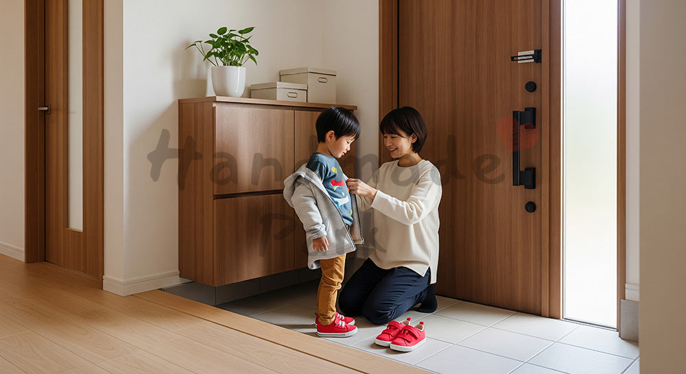 フリー素材 無料 写真｜玄関で幼い子どもの靴と上着を整える日本人母親の登園準備シーン（表現2）