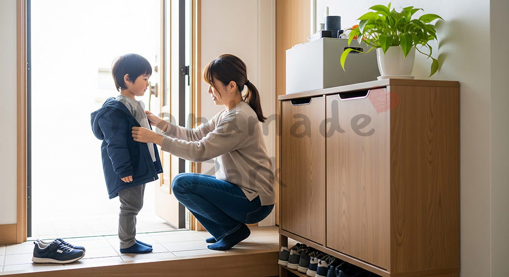 フリー素材 無料 写真｜玄関で幼い子どもの靴と上着を整える日本人母親の登園準備シーン（表現1）