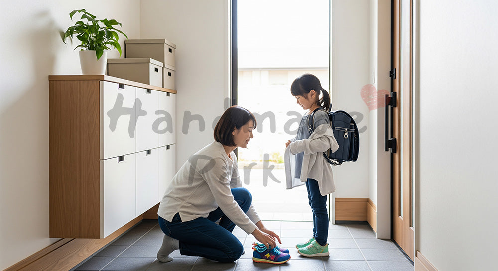 フリー素材 無料 写真｜玄関で幼い子どもの靴と上着を整える日本人母親の登園準備シーン コピースペースあり