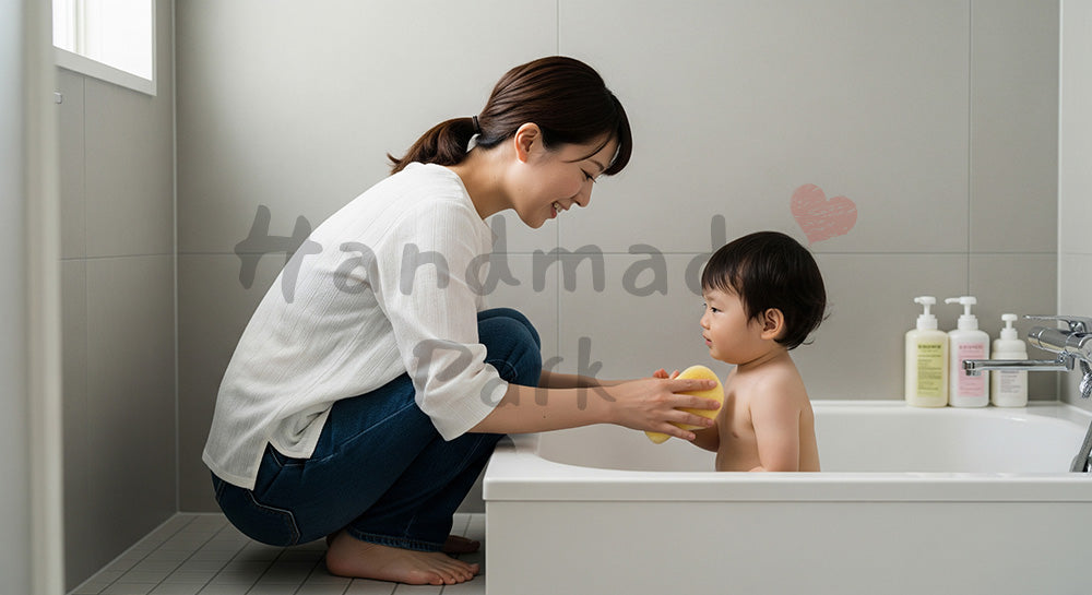 フリー素材 無料 写真｜お風呂で幼児の体をやさしく洗う日本人母親の入浴介助シーン（表現3）