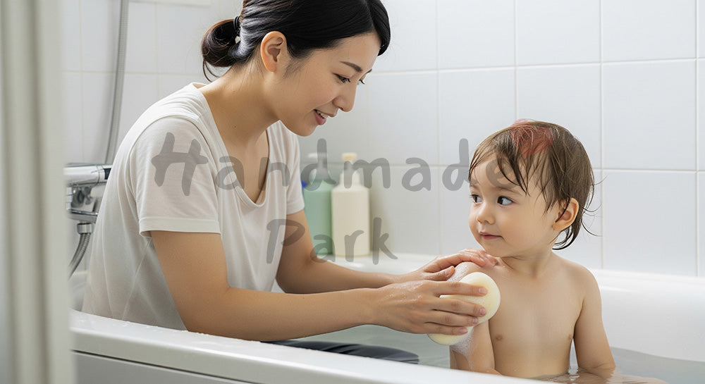 フリー素材 無料 写真｜お風呂で幼児の体をやさしく洗う日本人母親の入浴介助シーン（表現2）