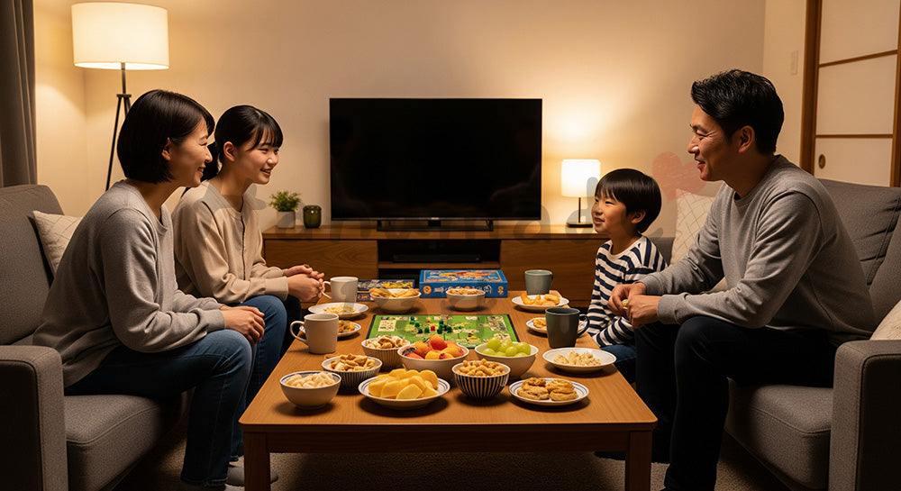 フリー素材 無料 写真｜夜のリビングでお菓子を囲み家族団らんを楽しむ日本人家族（表現3）