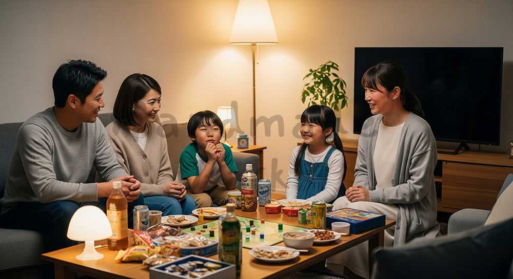 フリー素材 無料 写真｜夜のリビングでお菓子を囲み家族団らんを楽しむ日本人家族（表現2）