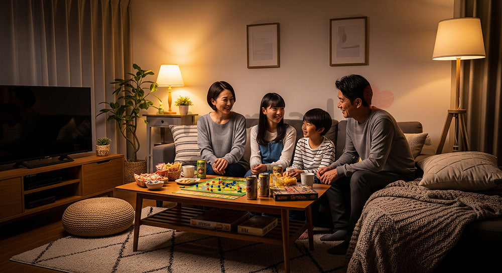 フリー素材 無料 写真｜夜のリビングでお菓子を囲み家族団らんを楽しむ日本人家族（表現1）