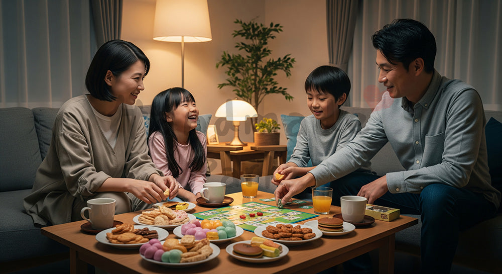 フリー素材 無料 写真｜夜のリビングでお菓子を囲み家族団らんを楽しむ日本人家族 コピースペースあり