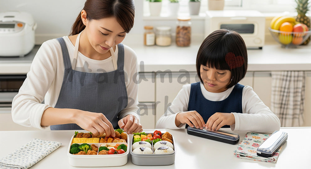 フリー素材 無料 写真｜キッチンで子どものお弁当を準備する日本人母親と身支度をする小学生（表現2）