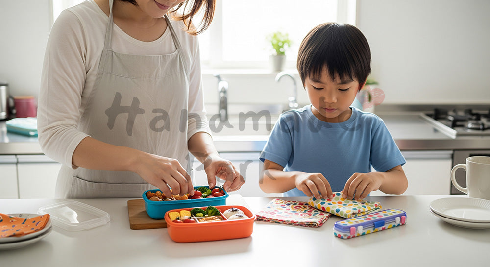 フリー素材 無料 写真｜キッチンで子どものお弁当を準備する日本人母親と身支度をする小学生（表現1）