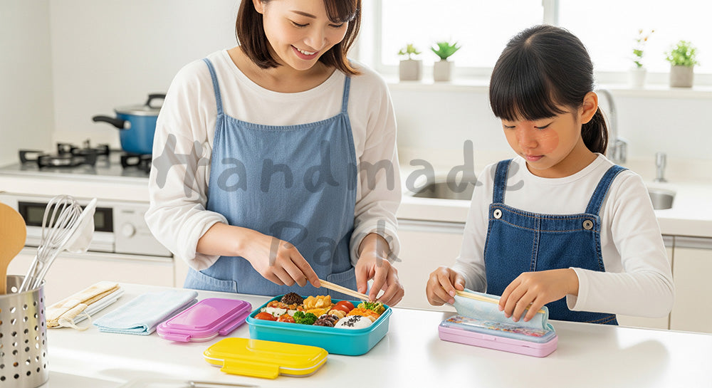 フリー素材 無料 写真｜キッチンで子どものお弁当を準備する日本人母親と身支度をする小学生 コピースペースあり