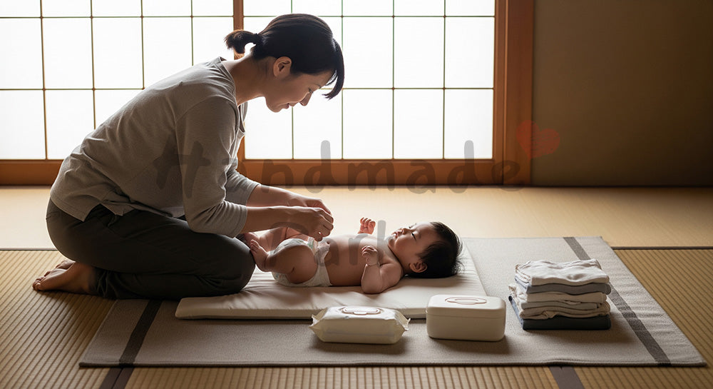 フリー素材 無料 写真｜和室で赤ちゃんのおむつ替えをする日本人母親の育児シーン（表現3）