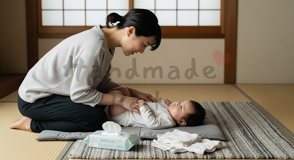 フリー素材 無料 写真｜和室で赤ちゃんのおむつ替えをする日本人母親の育児シーン コピースペースあり