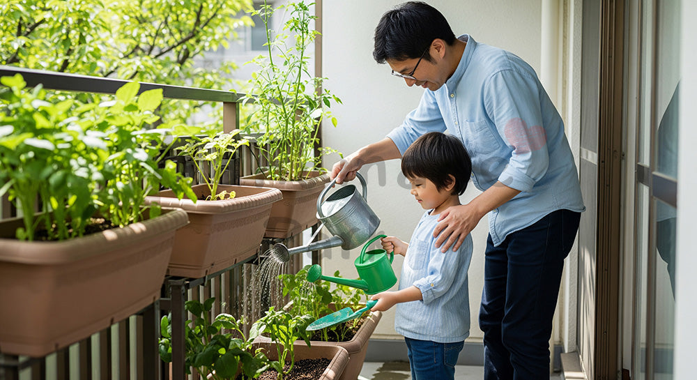 フリー素材 無料 写真｜家庭菜園のプランターに親子で水やりをする日本人家族（表現2）