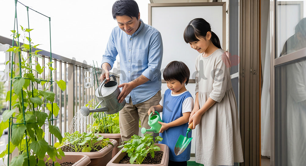 フリー素材 無料 写真｜家庭菜園のプランターに親子で水やりをする日本人家族（表現1）