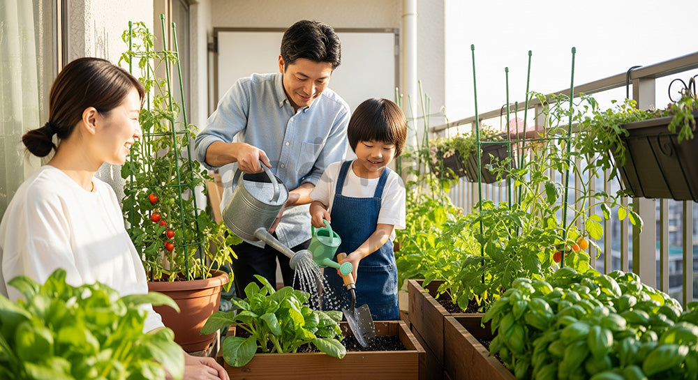 フリー素材 無料 写真｜家庭菜園のプランターに親子で水やりをする日本人家族 コピースペースあり