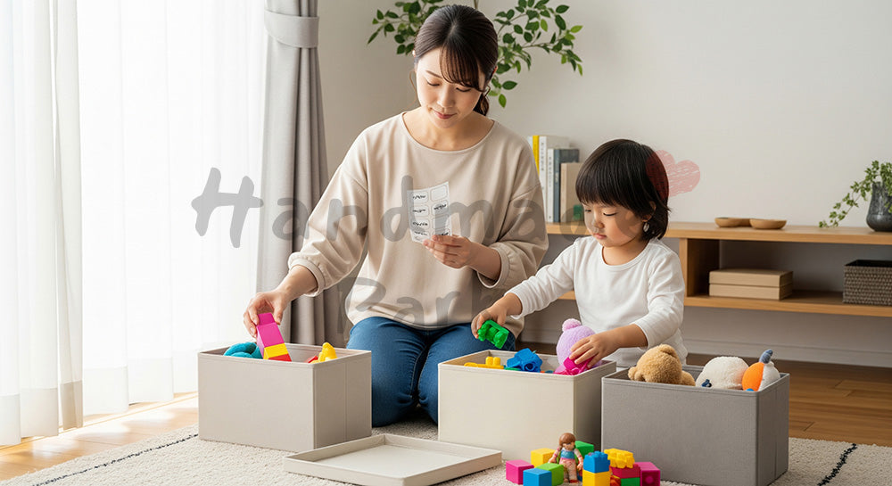 フリー素材 無料 写真｜おもちゃを収納ボックスに片づける日本人母子のリビング整理シーン（表現3）