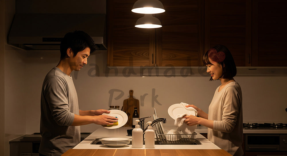 フリー素材 無料 写真｜夜のキッチンで皿洗いと食器拭きを分担する日本人夫婦の家事シェア（表現2）