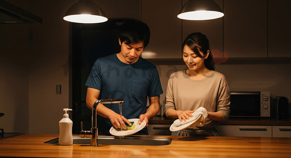 フリー素材 無料 写真｜夜のキッチンで皿洗いと食器拭きを分担する日本人夫婦の家事シェア コピースペースあり